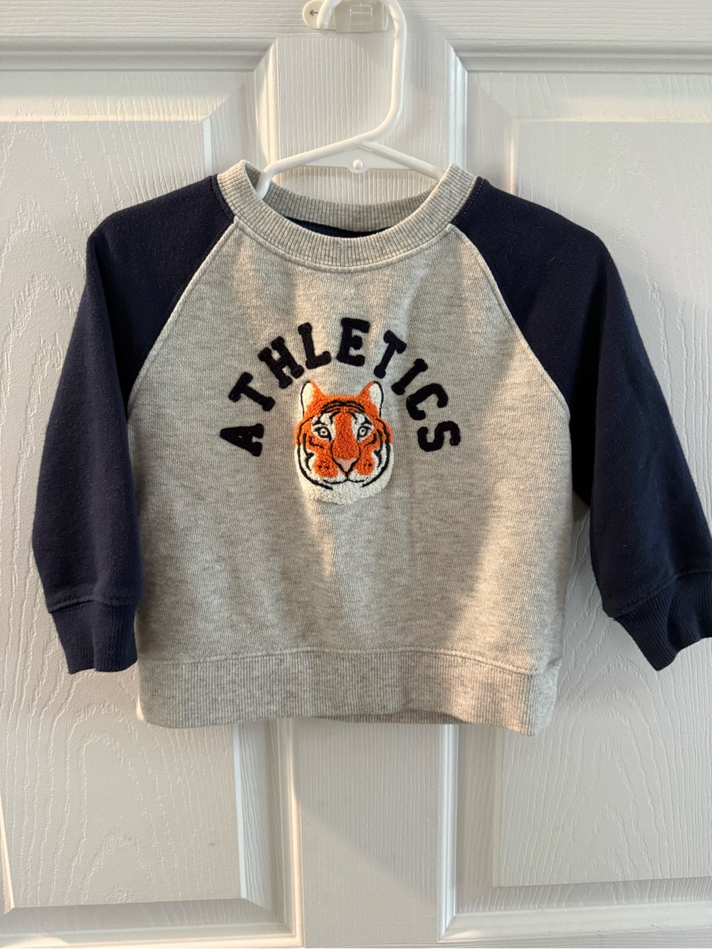 Janie and Jack Gray Sweatshirt with Navy Sleeves and Tiger Patch